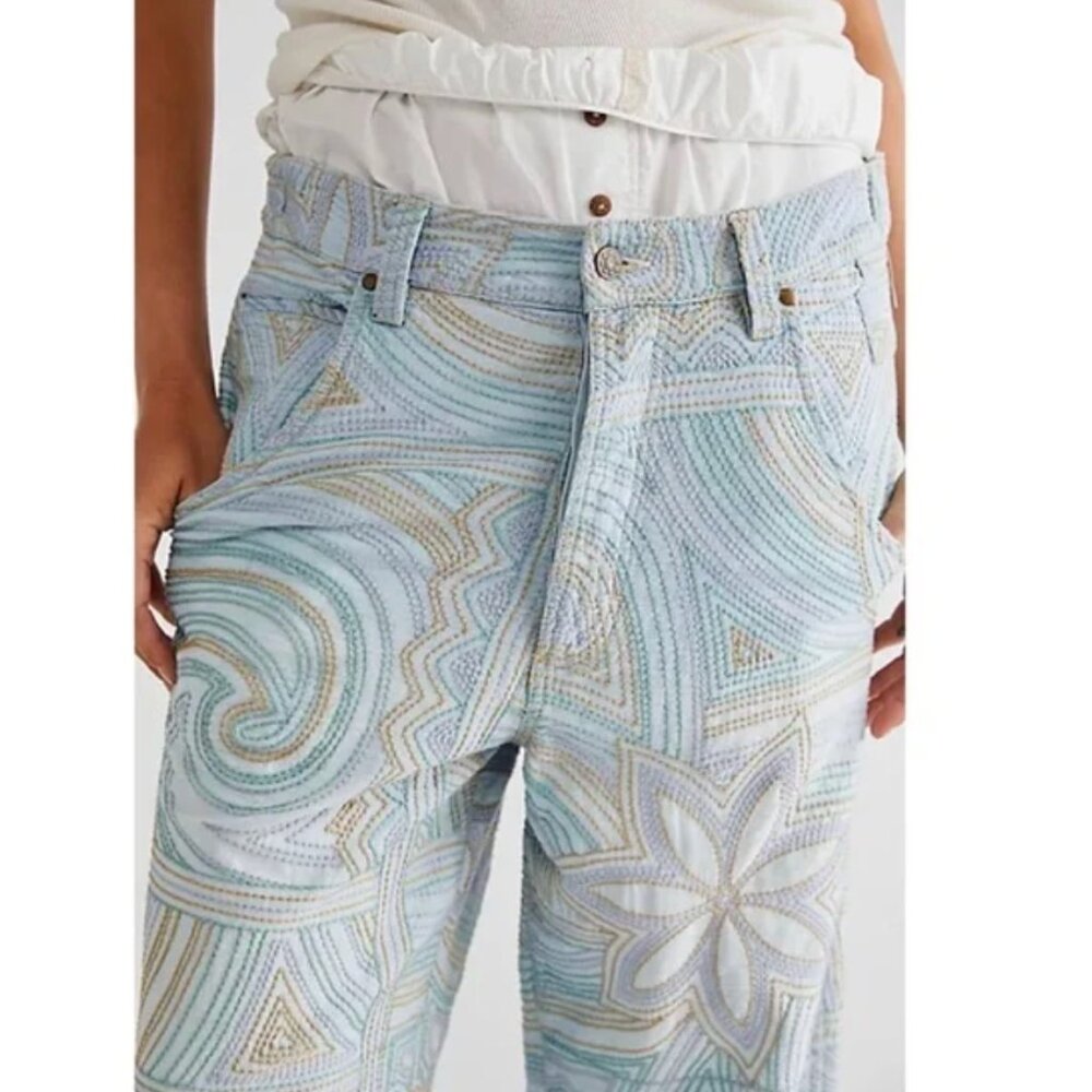 Free People Solstice Slouchy Wide-Leg Jeans Embroidered Boho Size 25